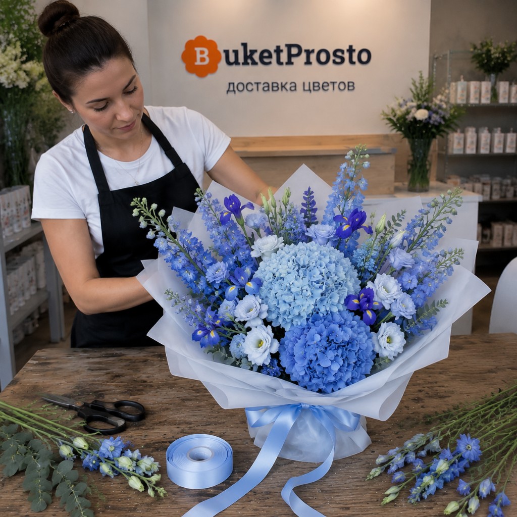 Флорист собирает букет из голубых цветов в «Букет Просто»