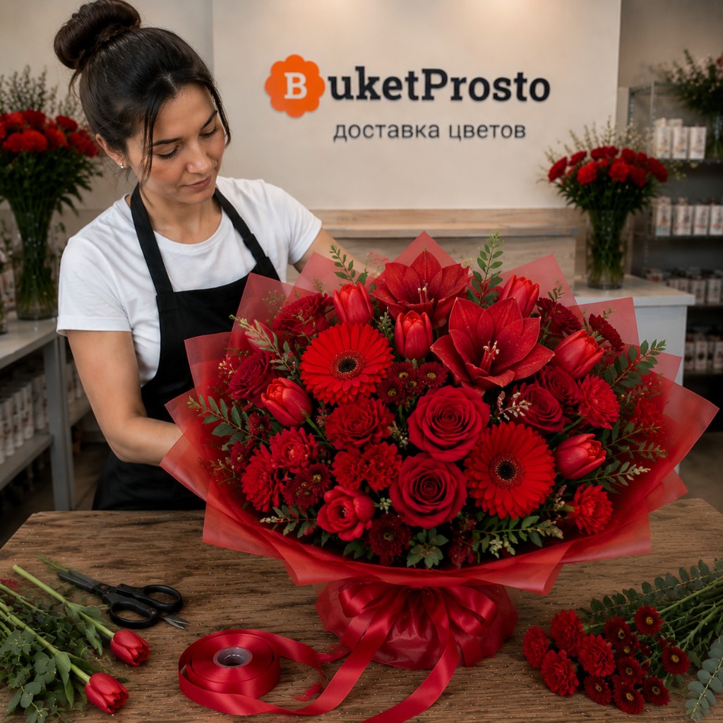 Флорист собирает букет из красных цветов в «Букет Просто»